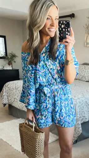 Cupshe Blues and Pink Printed Belted Romper- Size S