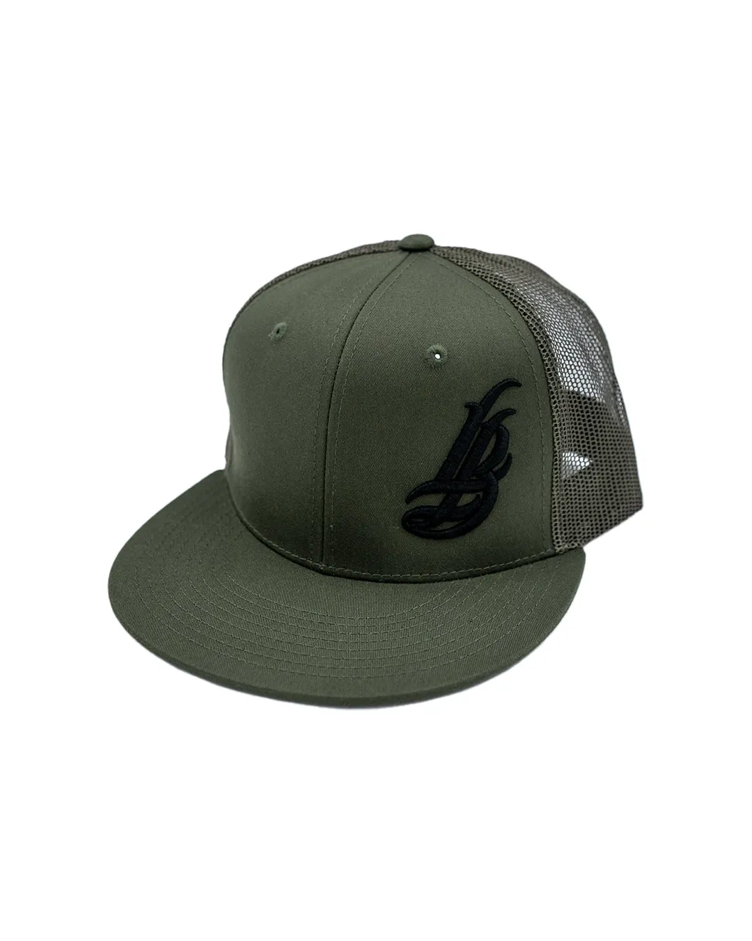 Cursive LB Black on Military Green Trucker Hat