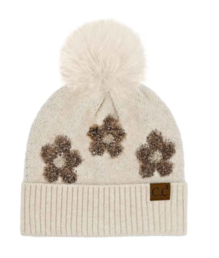 Daisy CC Knit Beanie With Pompom - Beige