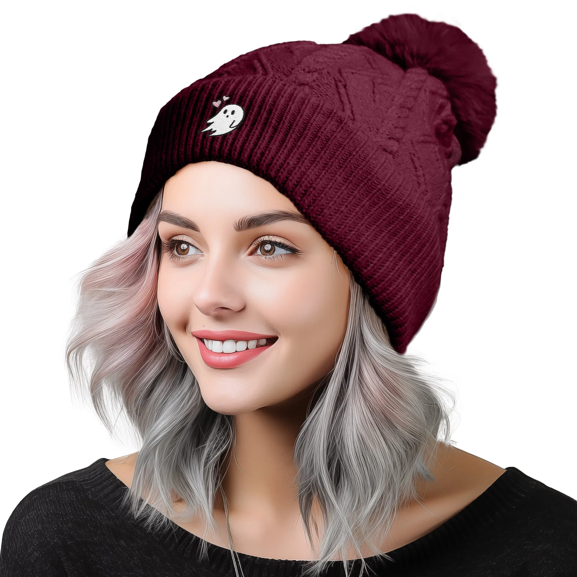 Dalix Heartly Ghost Pom Beanie