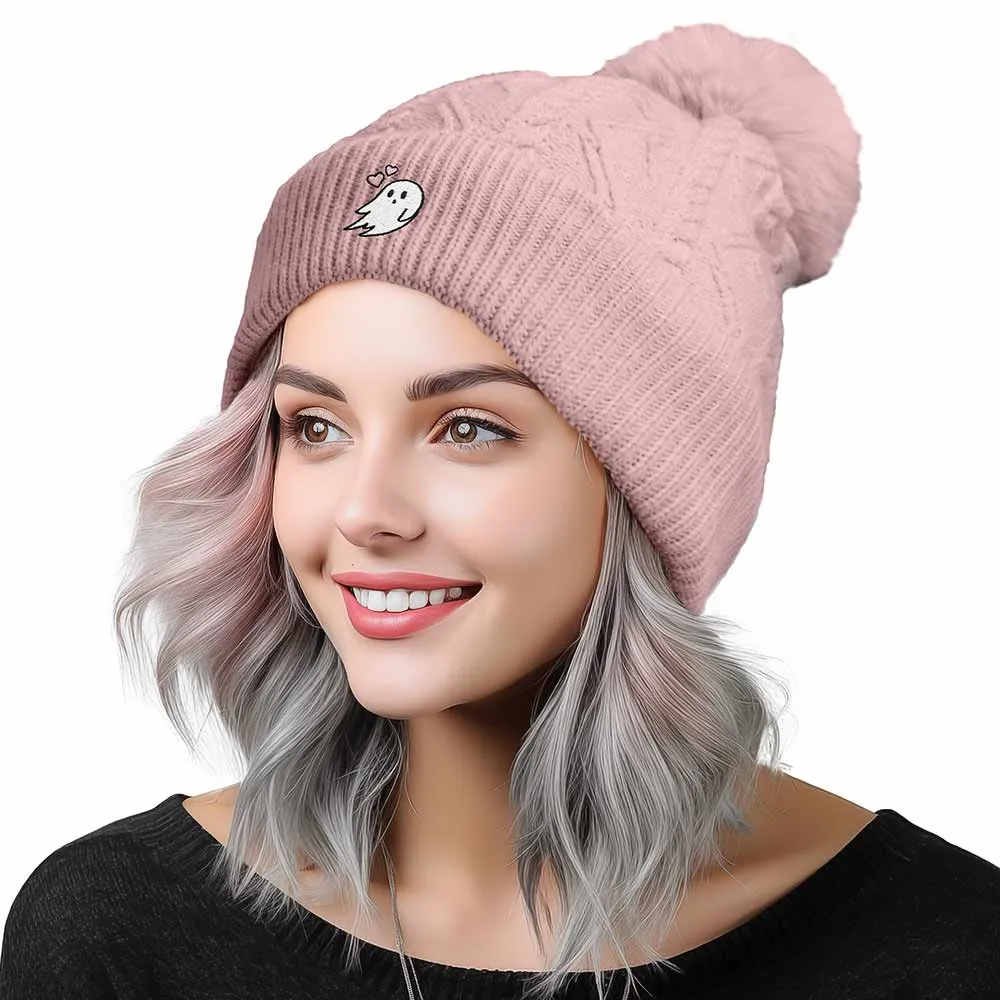 Dalix Heartly Ghost Pom Beanie