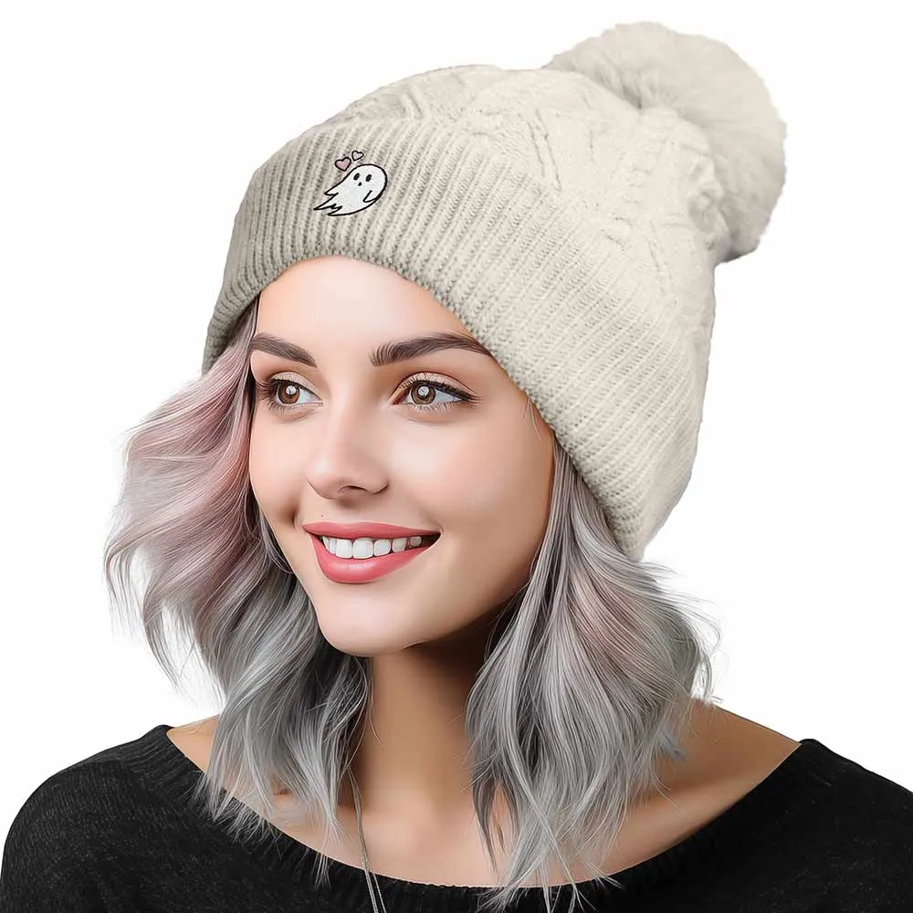 Dalix Heartly Ghost Pom Beanie