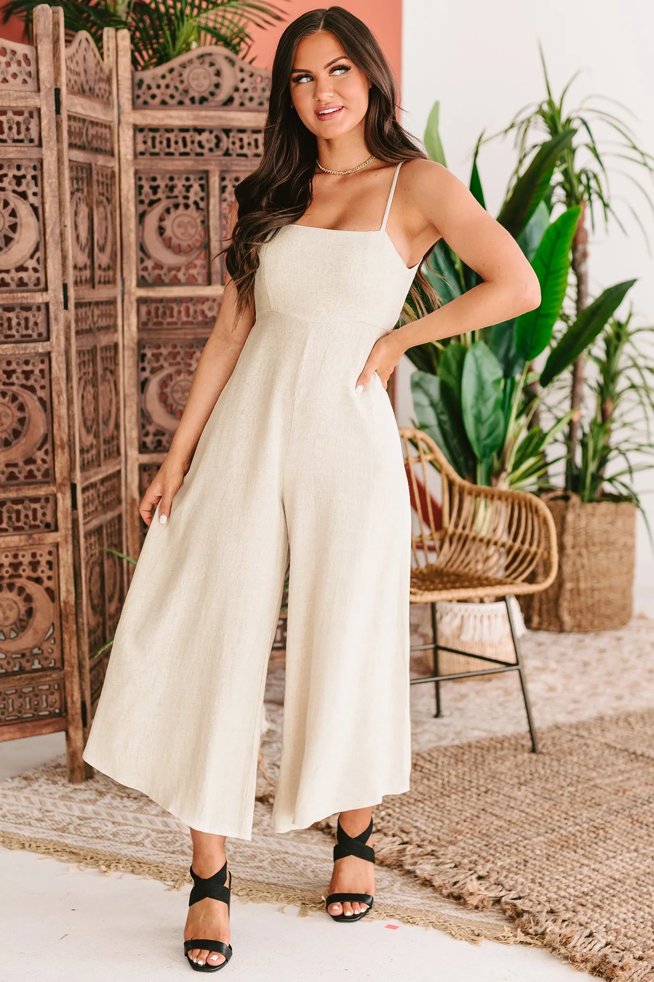 Dreaming Of Paradise Linen Tie-Back Wide Leg Jumpsuit (Oatmeal)