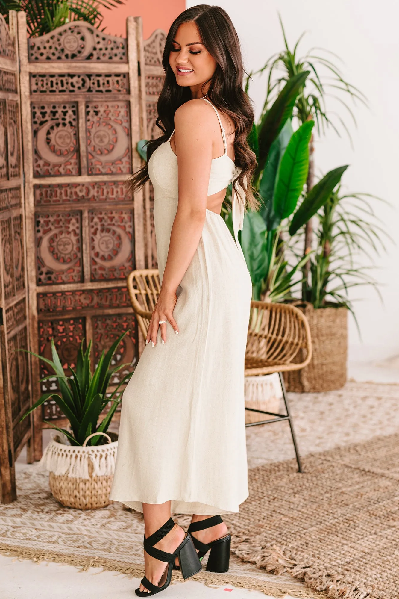 Dreaming Of Paradise Linen Tie-Back Wide Leg Jumpsuit (Oatmeal)