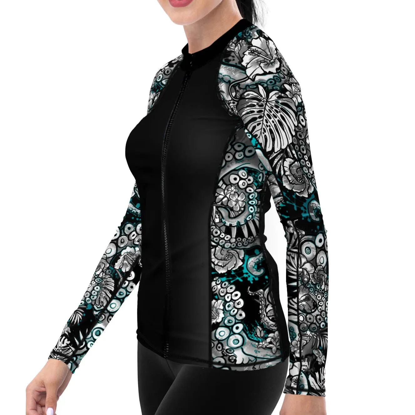 Eco-friendly Full Zip Up Electric Blue Octofloral Rash Guard