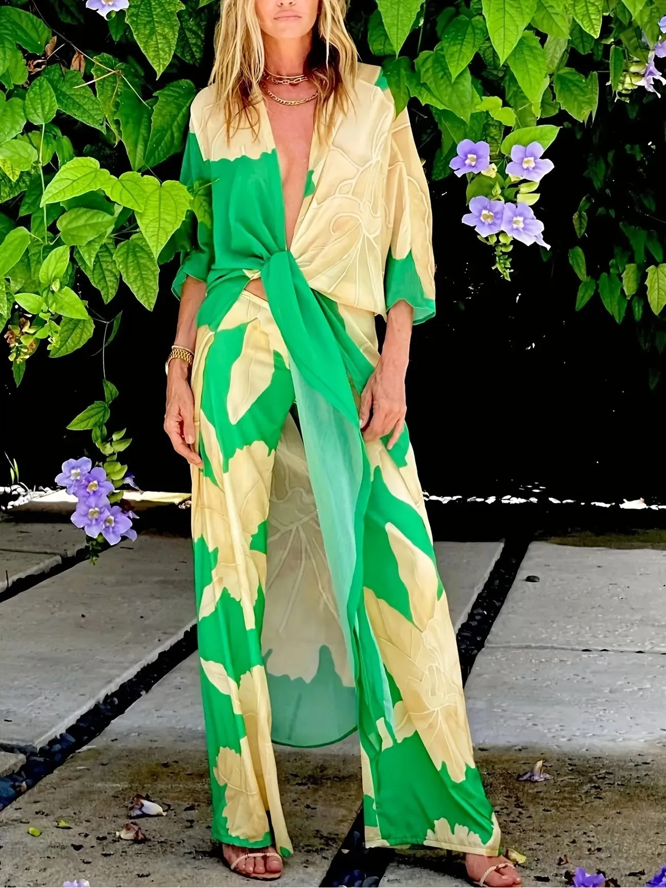 Exotic Green & Gold Kimono Duster and Pants Set