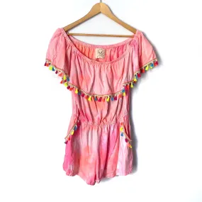 Fantastic Fawn Pink Off the Shoulder Tie Dye Tassel Romper- Size L