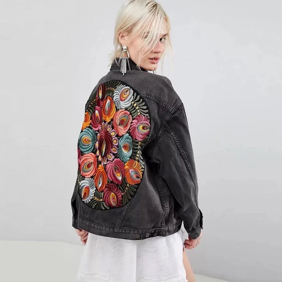 Floral Embroidered Patch on Back Denim Oversized Jacket