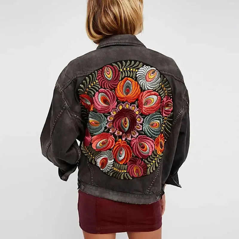 Floral Embroidered Patch on Back Denim Oversized Jacket