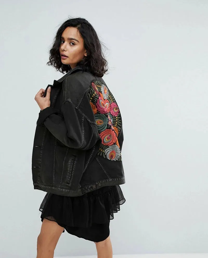 Floral Embroidered Patch on Back Denim Oversized Jacket