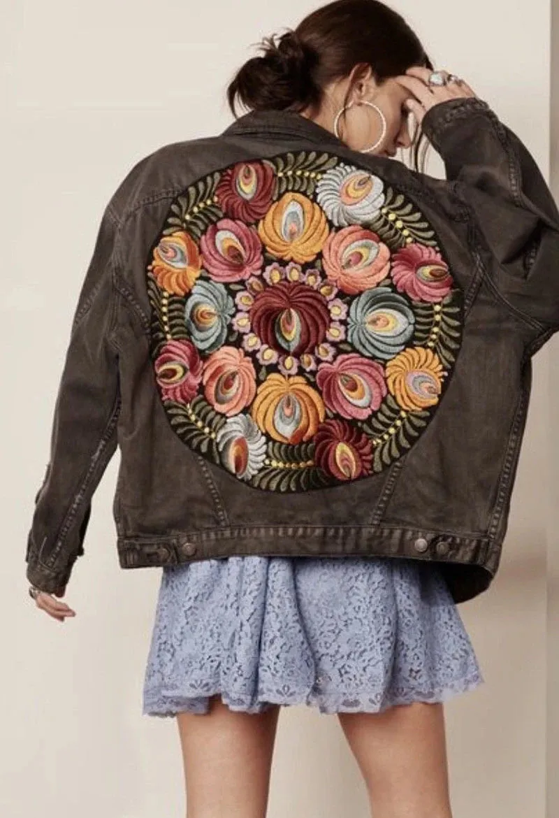 Floral Embroidered Patch on Back Denim Oversized Jacket