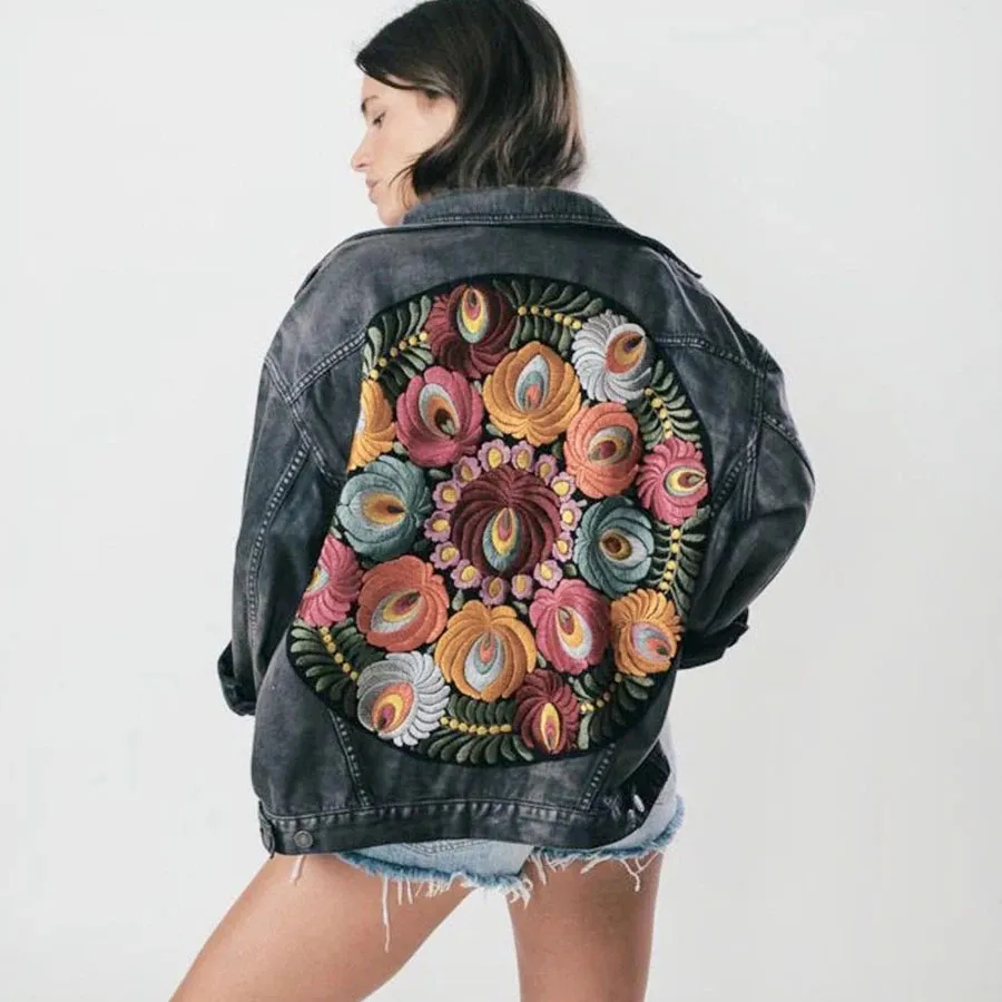 Floral Embroidered Patch on Back Denim Oversized Jacket