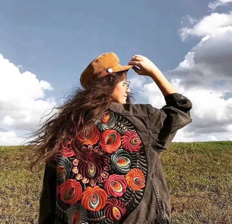 Floral Embroidered Patch on Back Denim Oversized Jacket