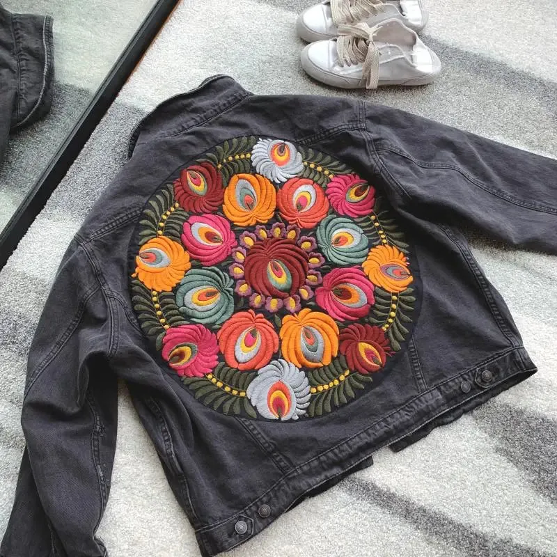 Floral Embroidered Patch on Back Denim Oversized Jacket