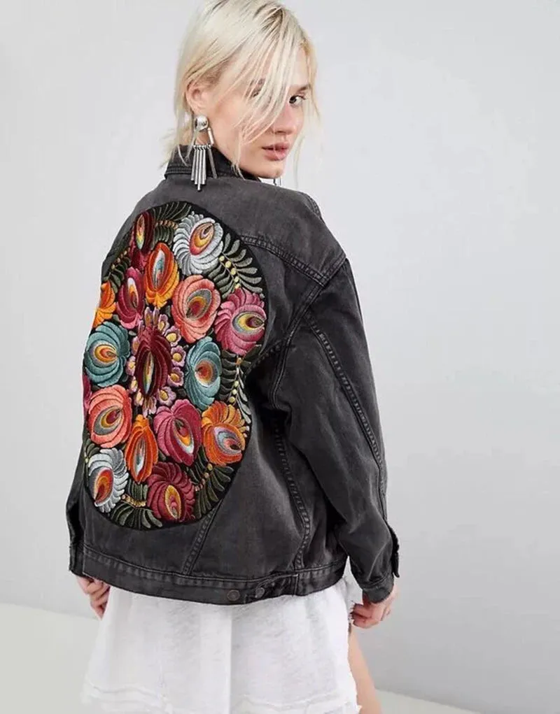 Floral Embroidered Patch on Back Denim Oversized Jacket