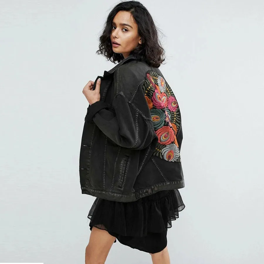 Floral Embroidered Patch on Back Denim Oversized Jacket