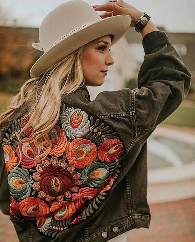 Floral Embroidered Patch on Back Denim Oversized Jacket