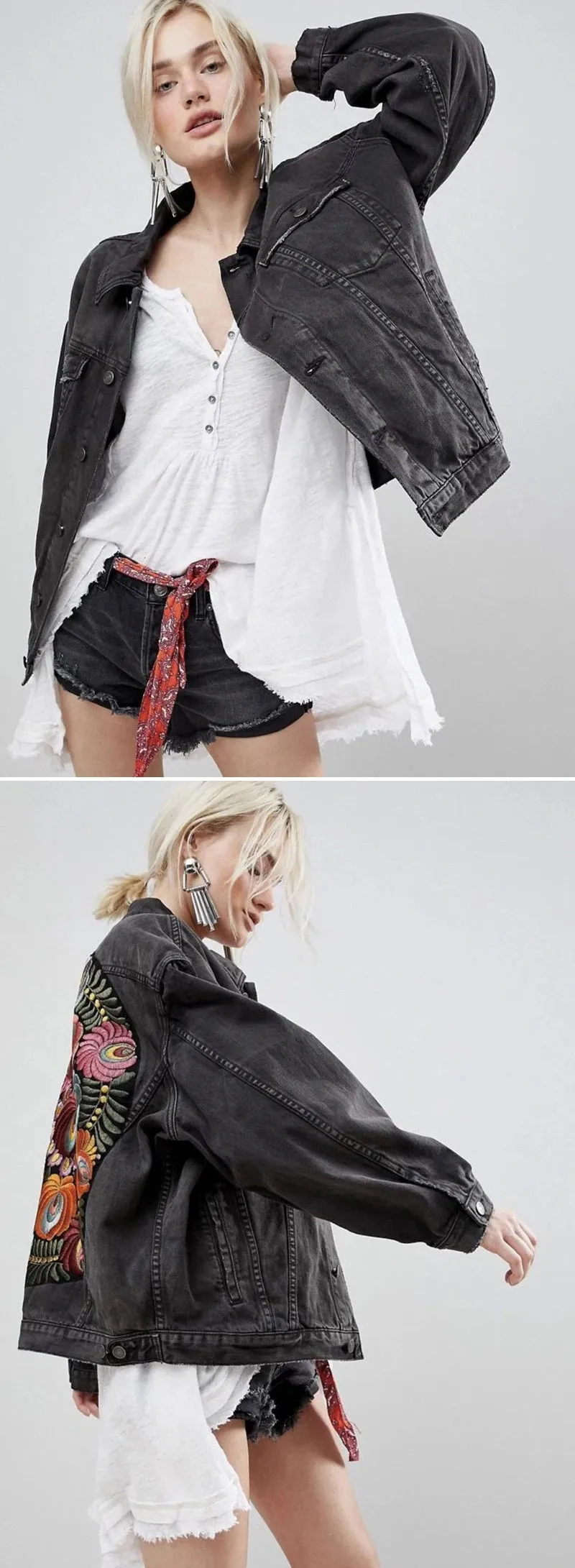 Floral Embroidered Patch on Back Denim Oversized Jacket