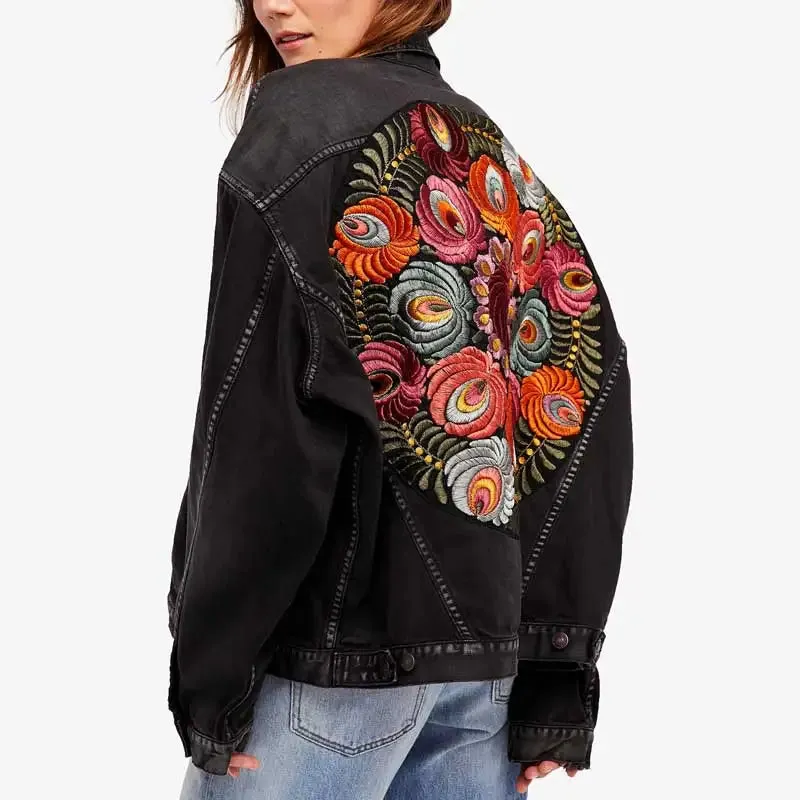 Floral Embroidered Patch on Back Denim Oversized Jacket