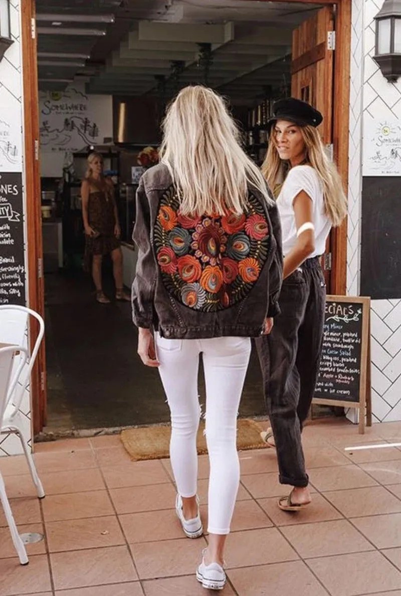 Floral Embroidered Patch on Back Denim Oversized Jacket