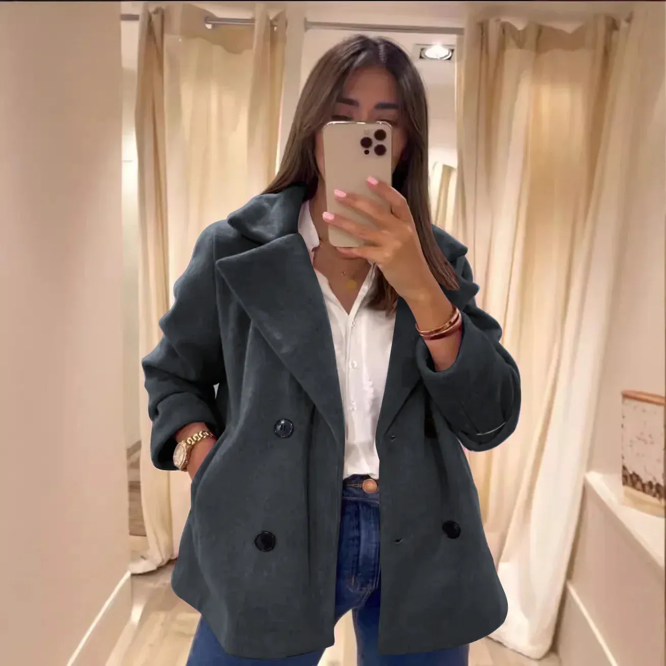 Flytonn-Women's Single Breasted Jacket, Monochromatic, Reversible Lapel, Pocket, Street Jacket, Elegant, New, Autumn, Winter