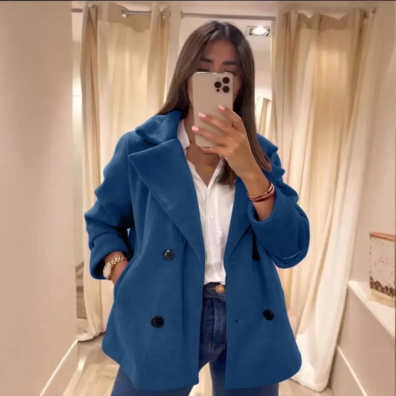 Flytonn-Women's Single Breasted Jacket, Monochromatic, Reversible Lapel, Pocket, Street Jacket, Elegant, New, Autumn, Winter