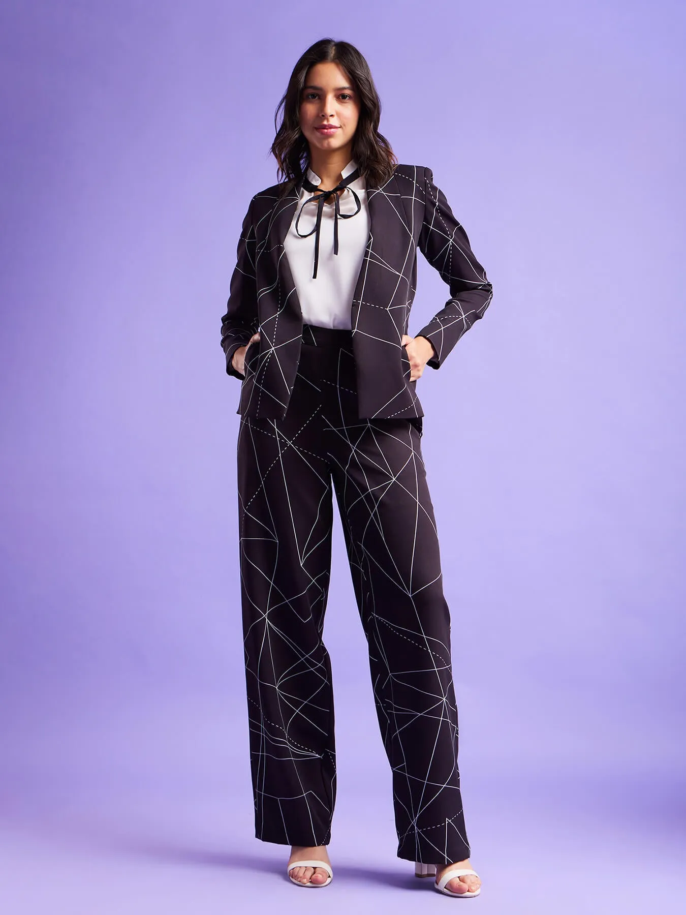 Geometric Print Blazer And Trouser Co-ord - Black