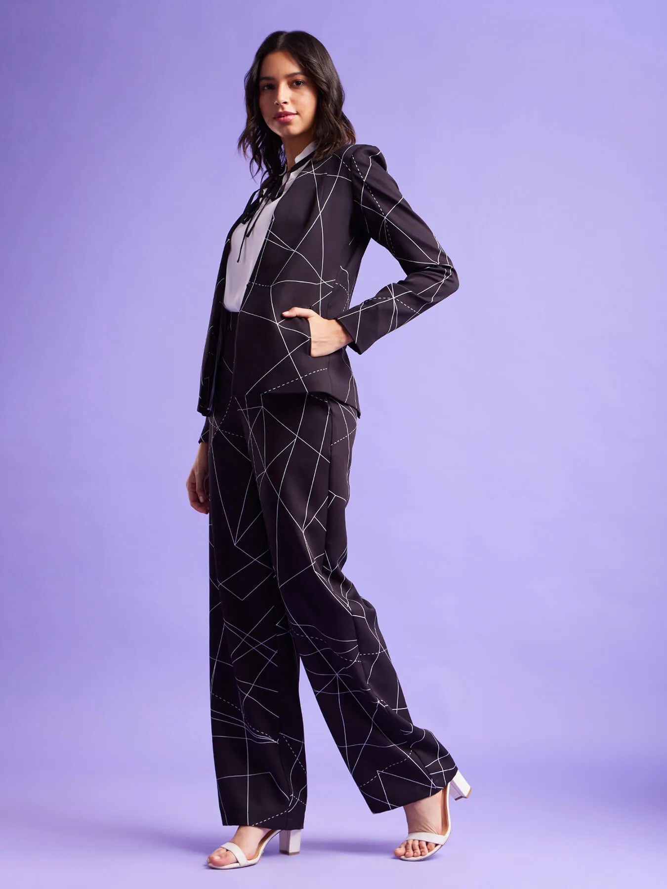 Geometric Print Blazer And Trouser Co-ord - Black