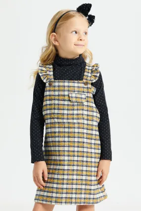 Girls Black And Yellow Checkered Dress With T-Shirt Set (2 Piece)