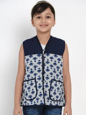 Girls Blue Printed Tailored Jacket