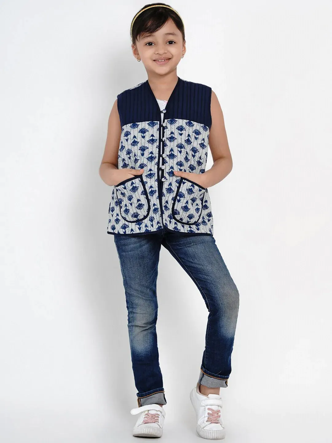 Girls Blue Printed Tailored Jacket