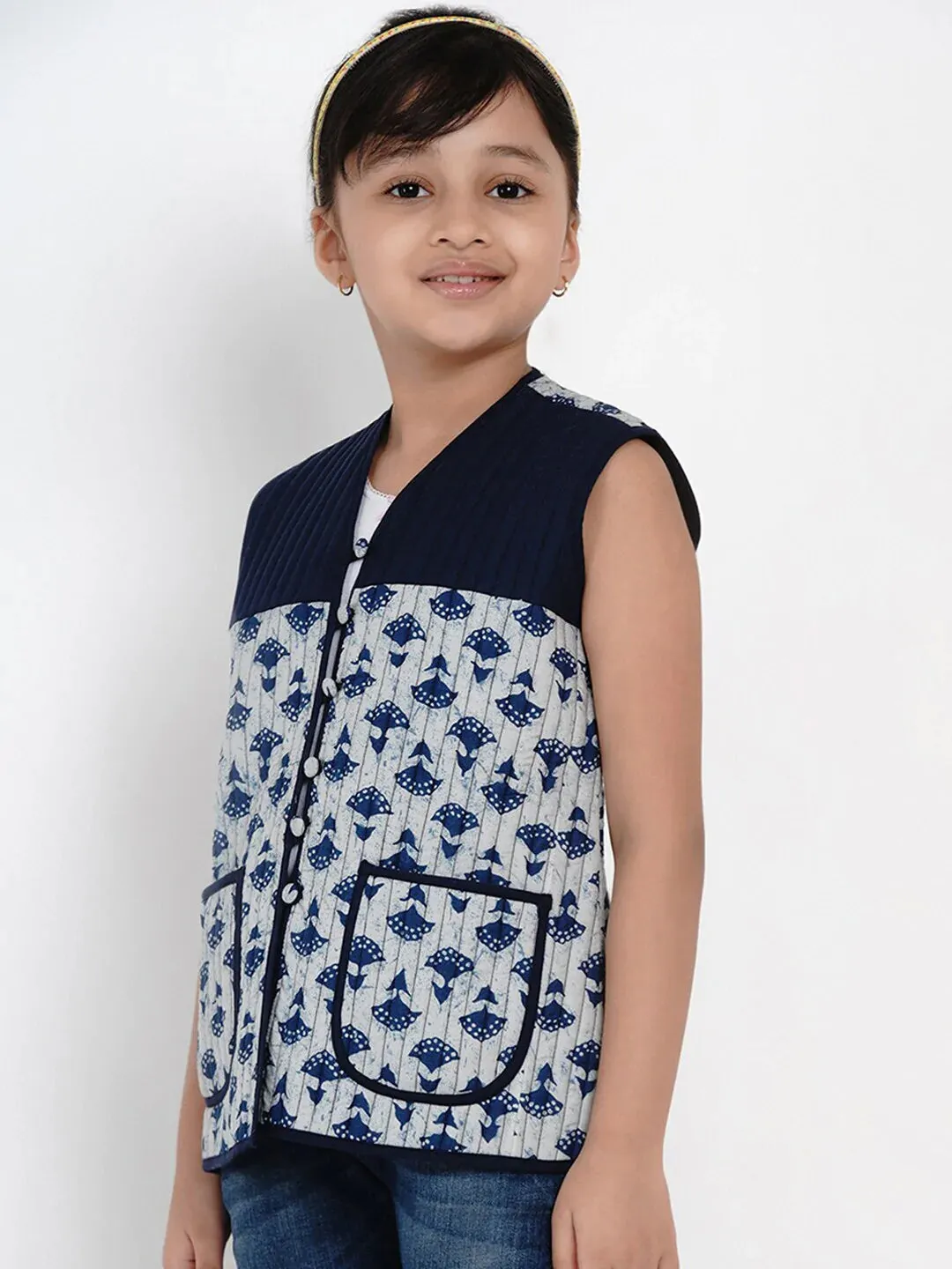 Girls Blue Printed Tailored Jacket