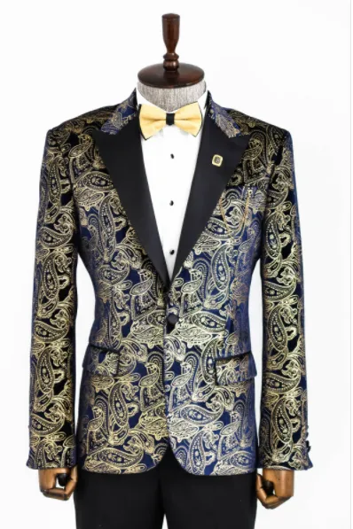 Gold Blue Patterned Over Navy Blue Men Tuxedo Blazer - Wessi