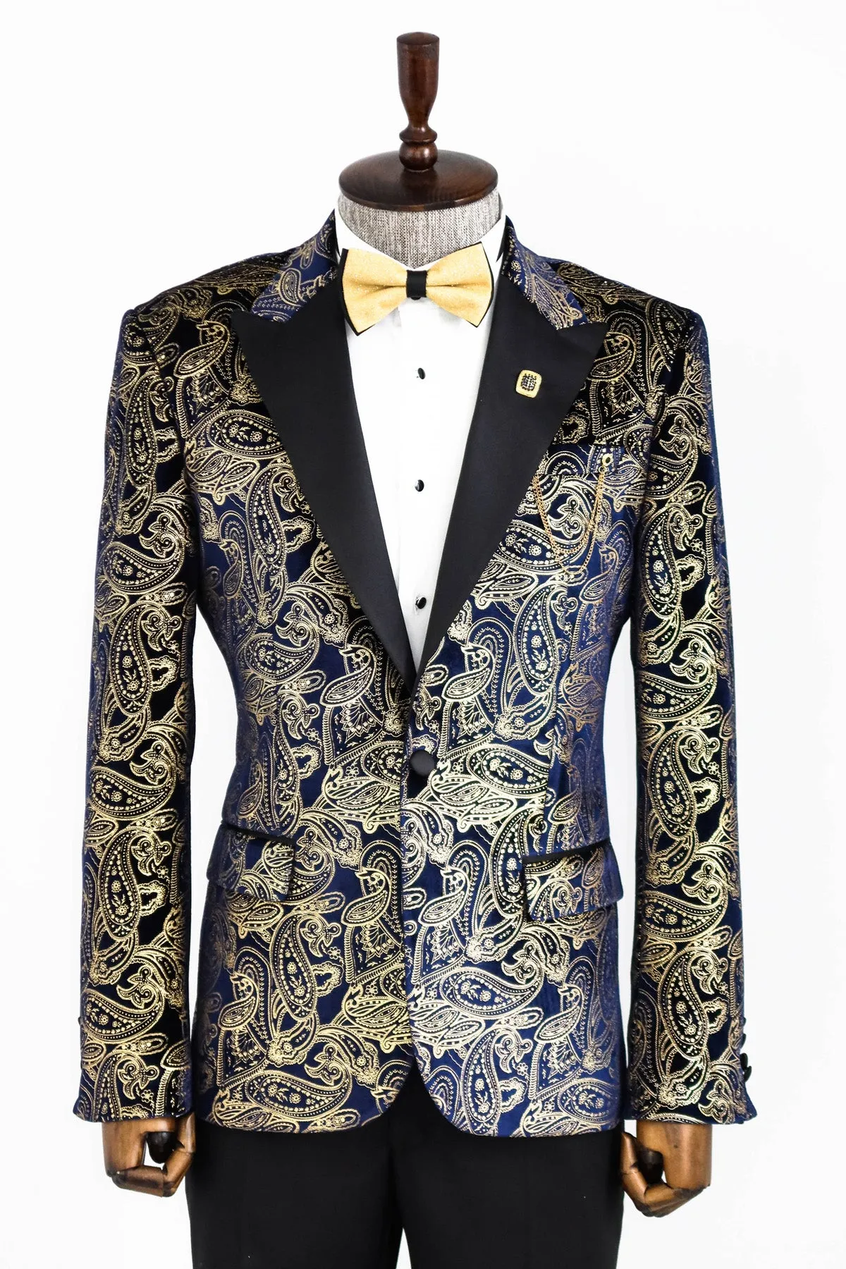 Gold Blue Patterned Over Navy Blue Men Tuxedo Blazer - Wessi