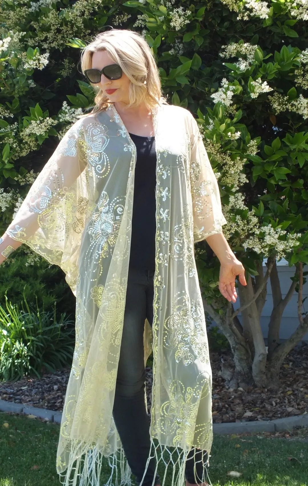 Gold Sequin Floral Embroidered Long Kimono Duster