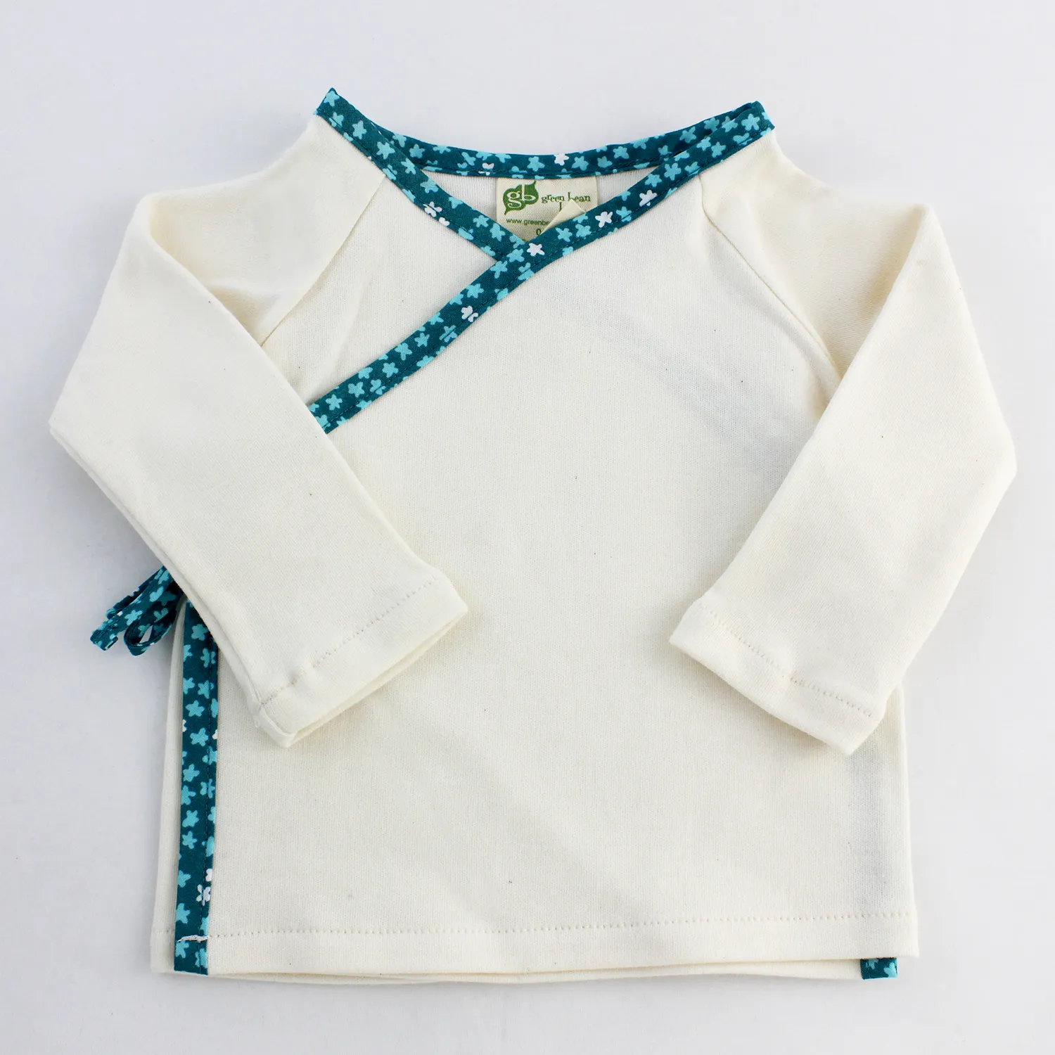 Green Bean Baby Organic Kimono Shirt with Ocean Leaves Trim