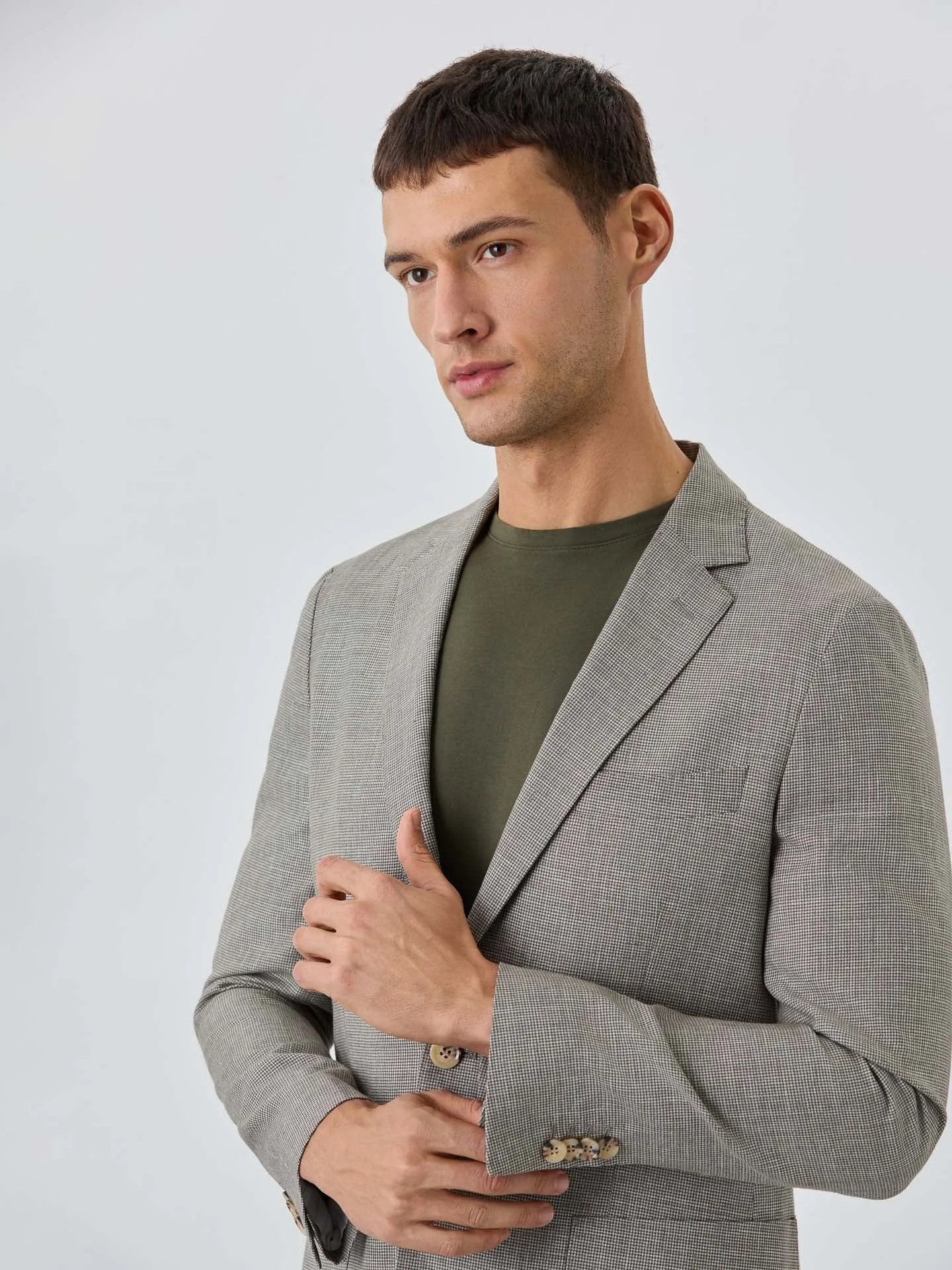 Half-Canvas Micro Houndstooth Blazer With Patch Pockets In Linen