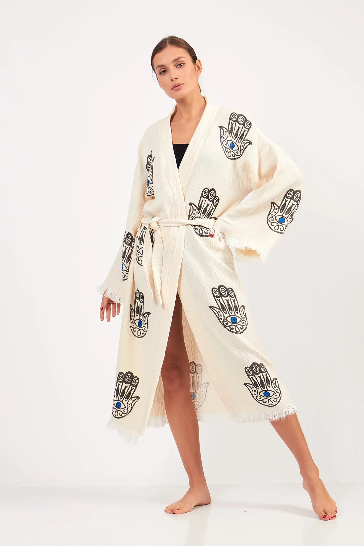 Hamsa Design Three-Layer Muslin Turkish Towel Kimono Robe