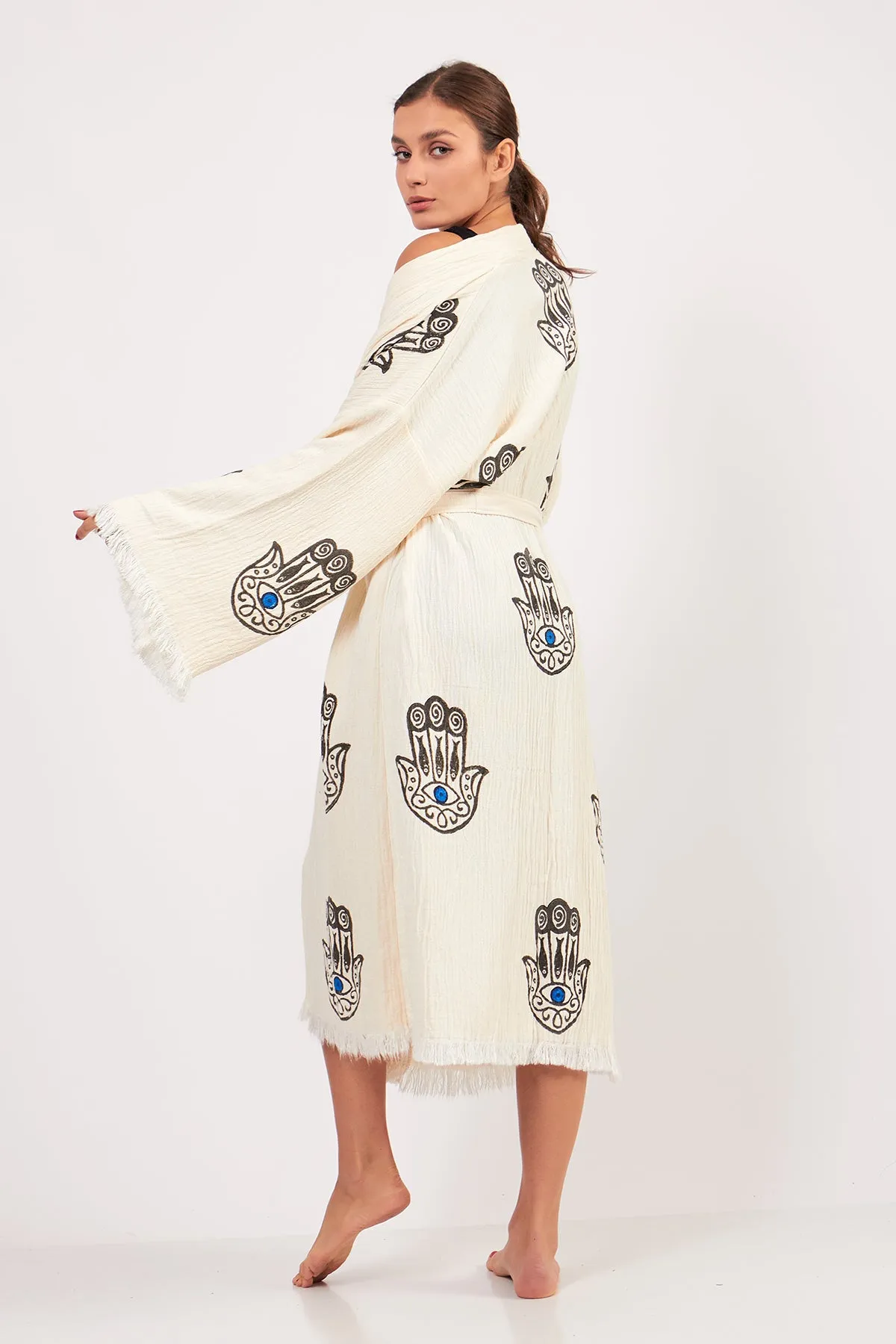 Hamsa Design Three-Layer Muslin Turkish Towel Kimono Robe