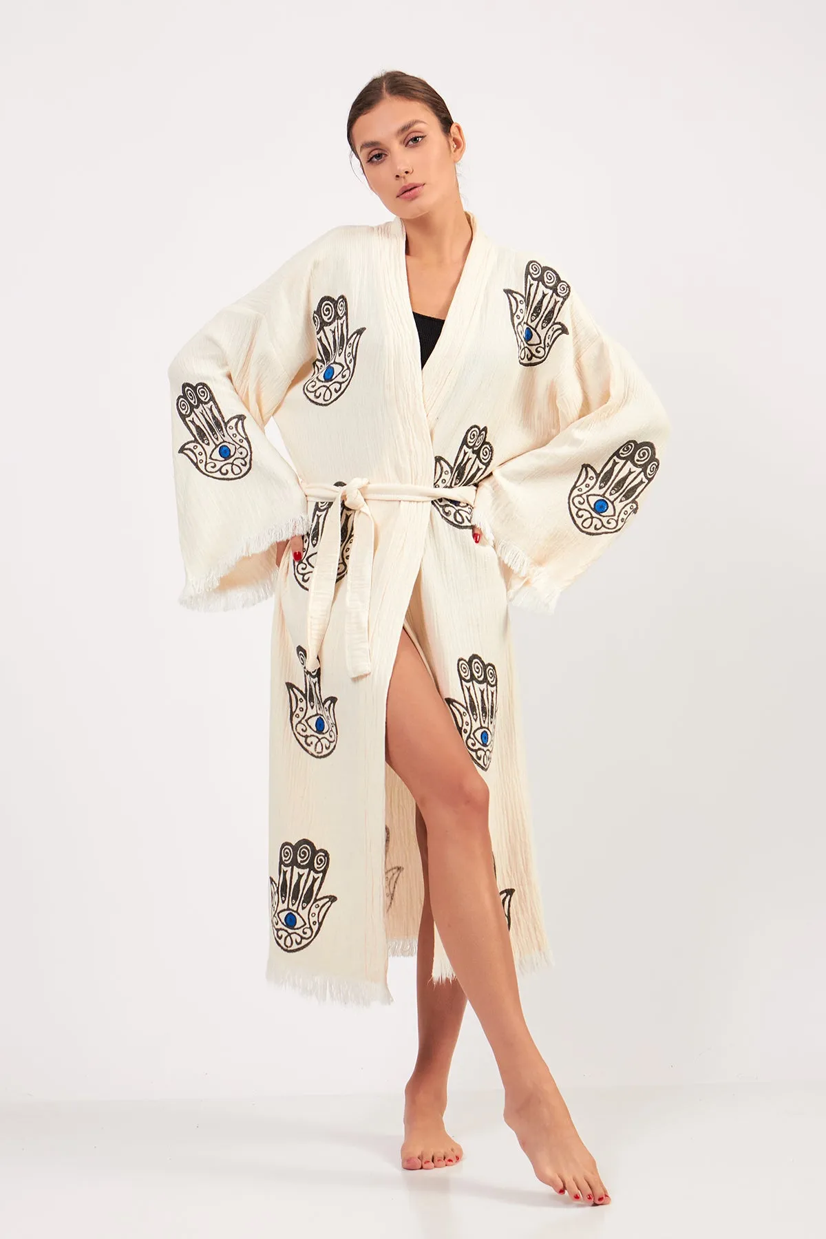 Hamsa Design Three-Layer Muslin Turkish Towel Kimono Robe