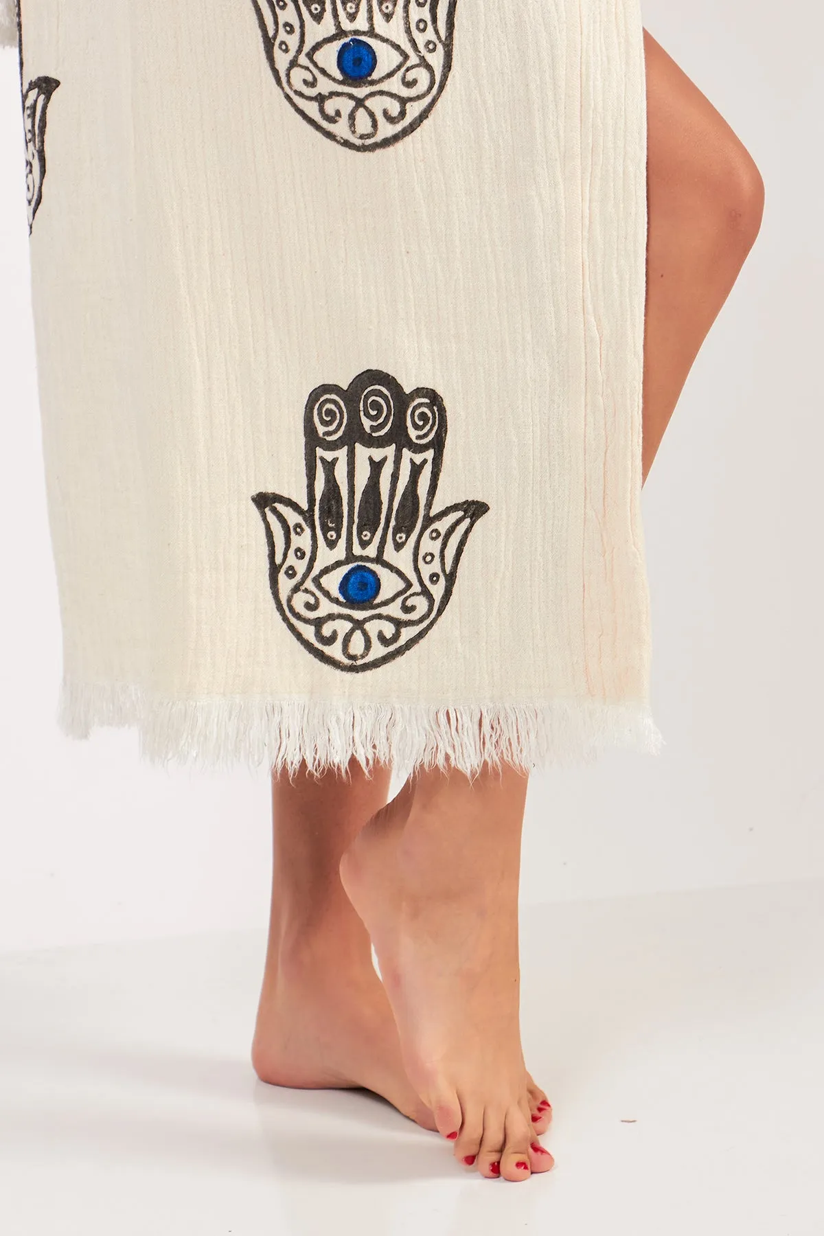 Hamsa Design Three-Layer Muslin Turkish Towel Kimono Robe