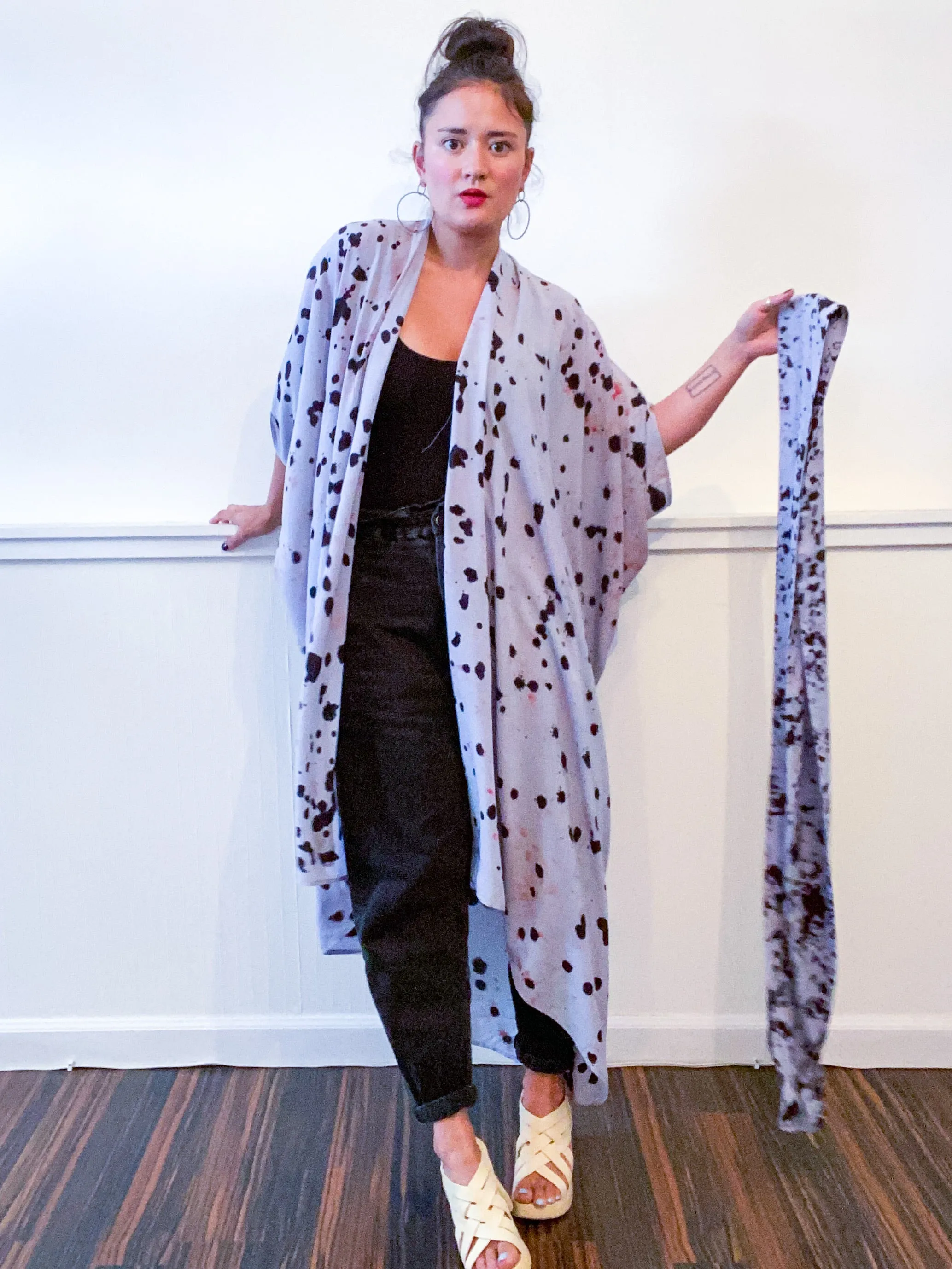 Hand-Dyed High Low Kimono Grey Black Pink Drops