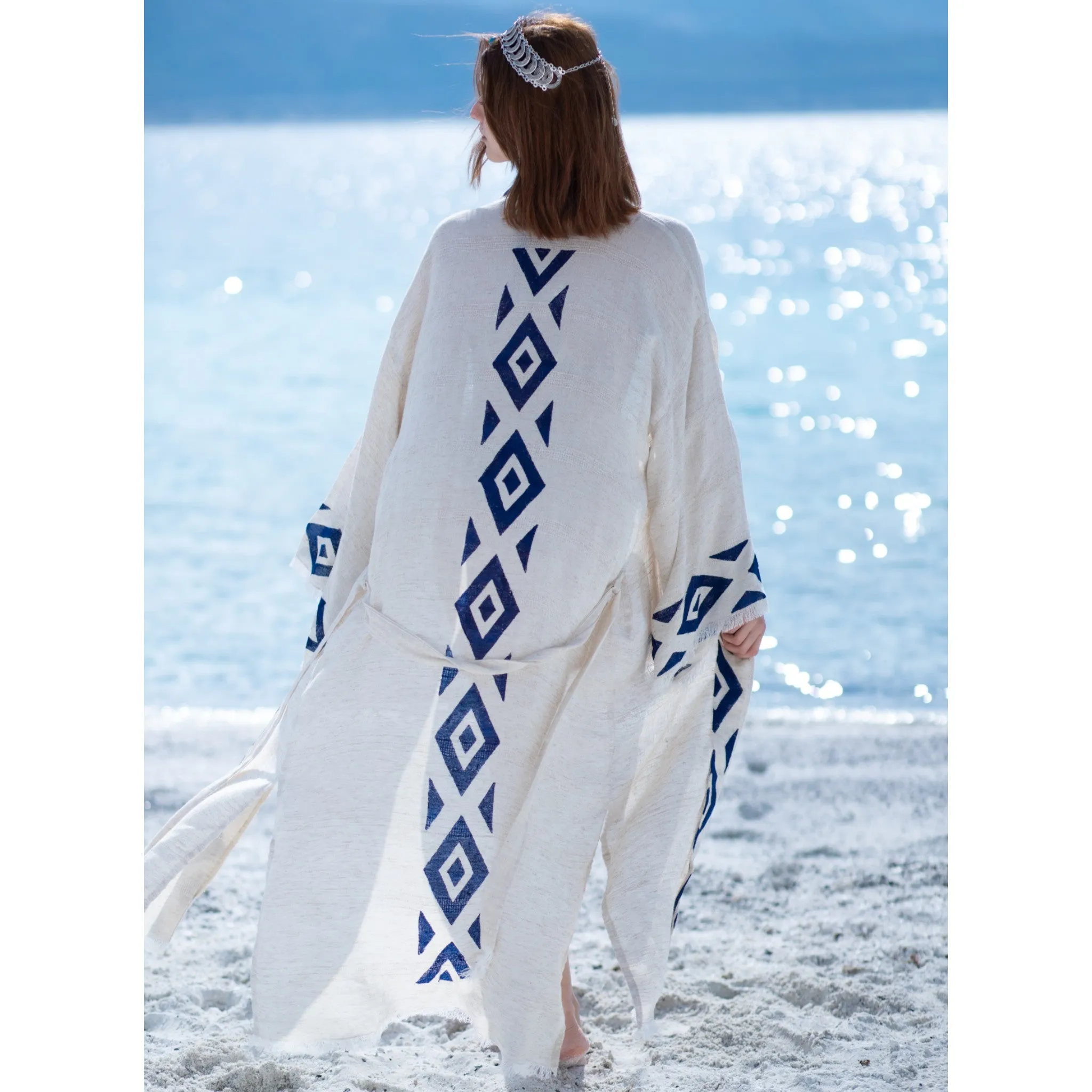 Hand Woven Linen Turkish Kilim Design Kimono Robe