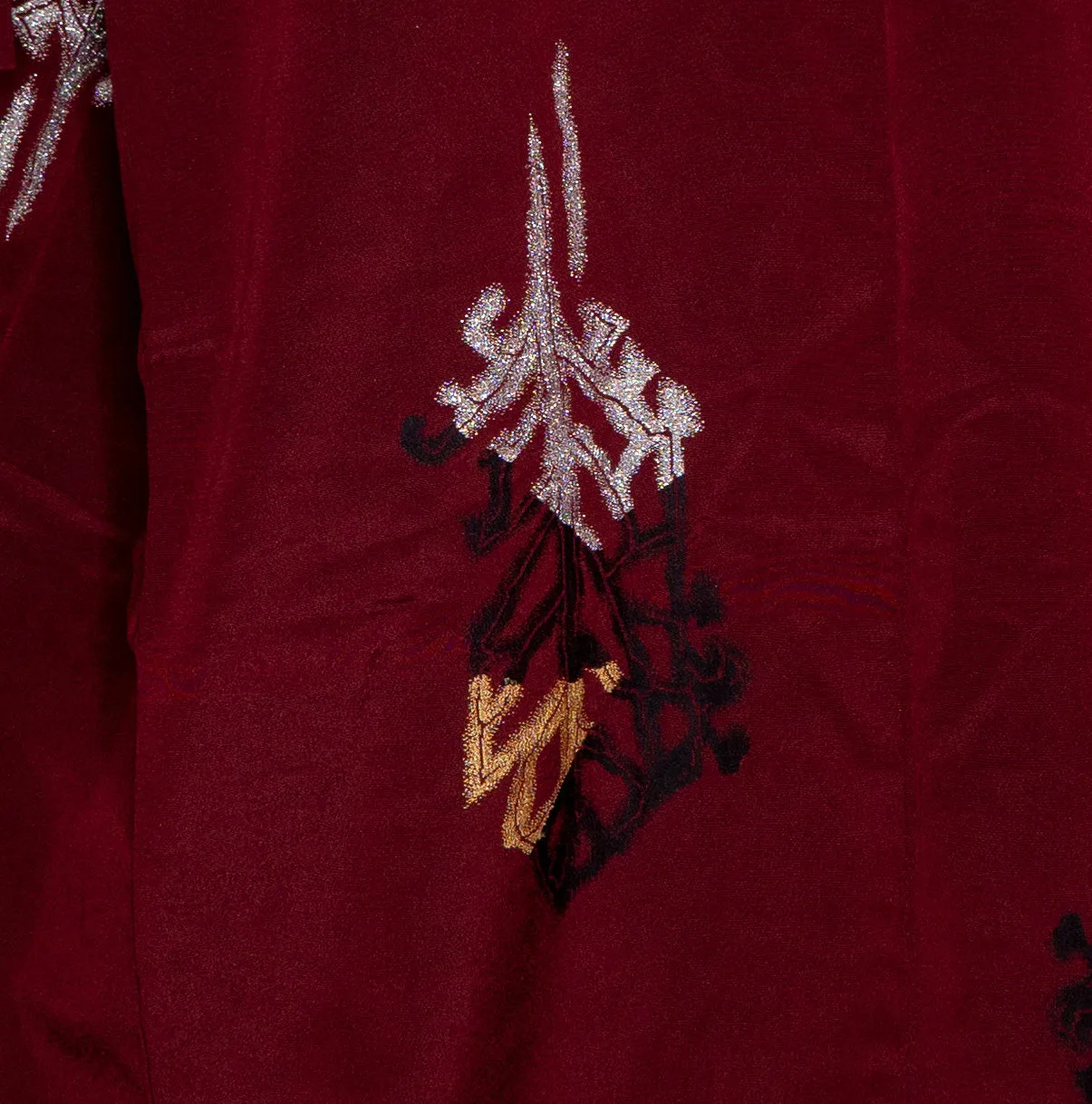 Heavy Maroon Kimono Abstract Patterns Shiny Fabric Leaf-like Shapes 1970s Japanese Chirimen Robe