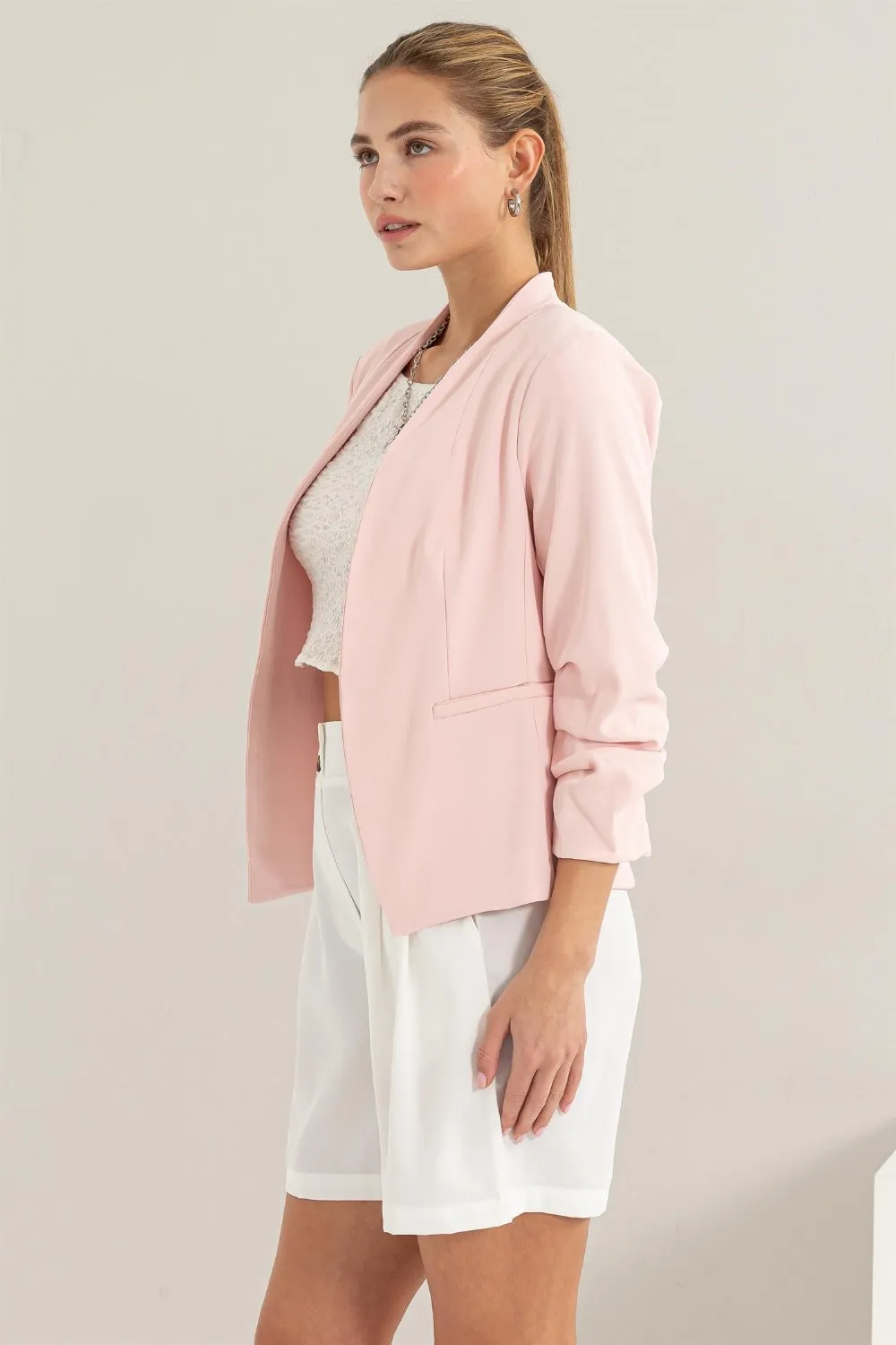 Hyfve Open Front Ruched Sleeve Blazer