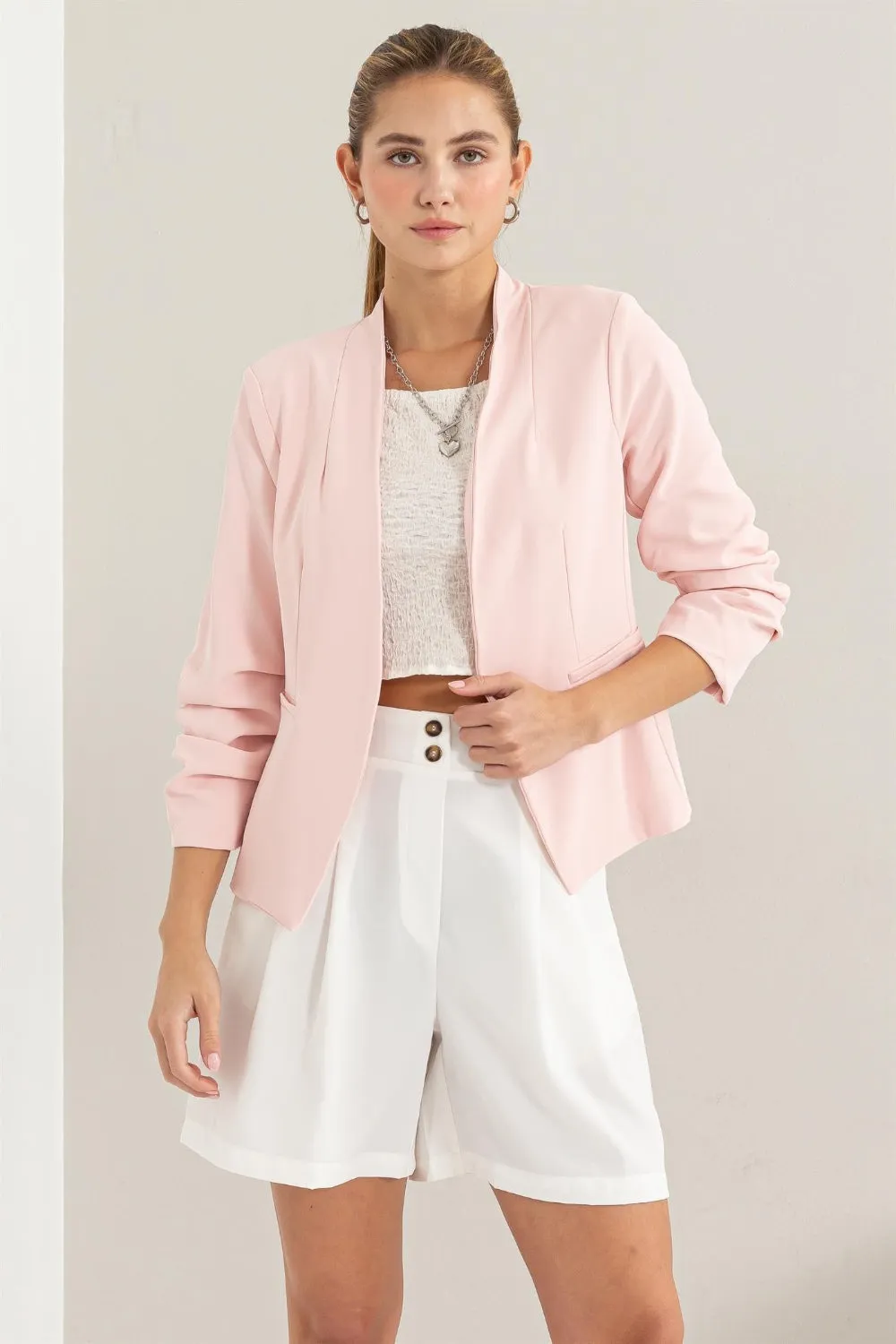 Hyfve Open Front Ruched Sleeve Blazer