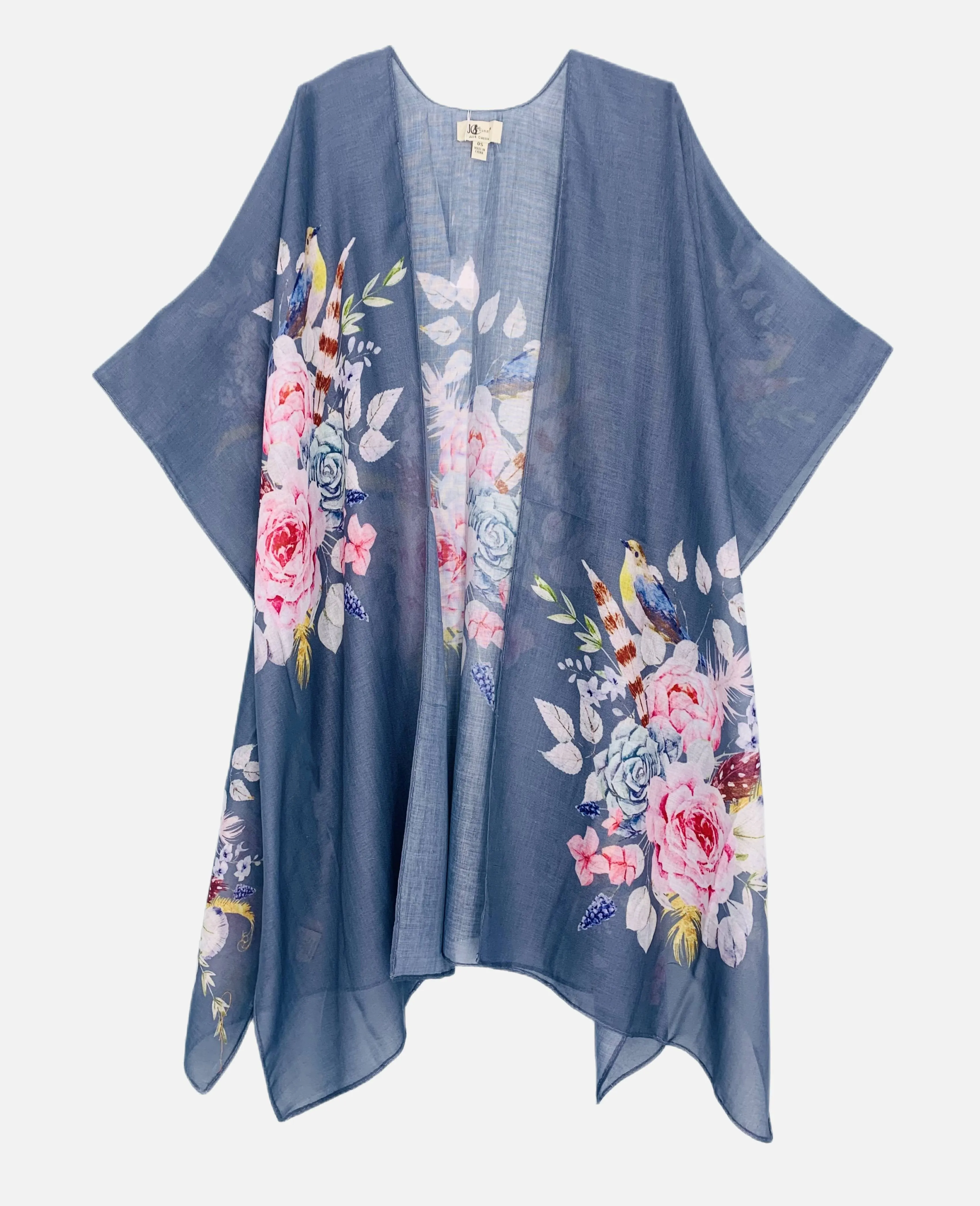 JC062833 Grey-Multi Bird Floral Kimono