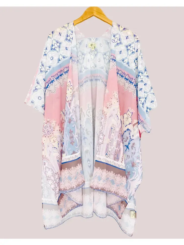 JC070989 Pink-Blue Paisley & Floral Kimono