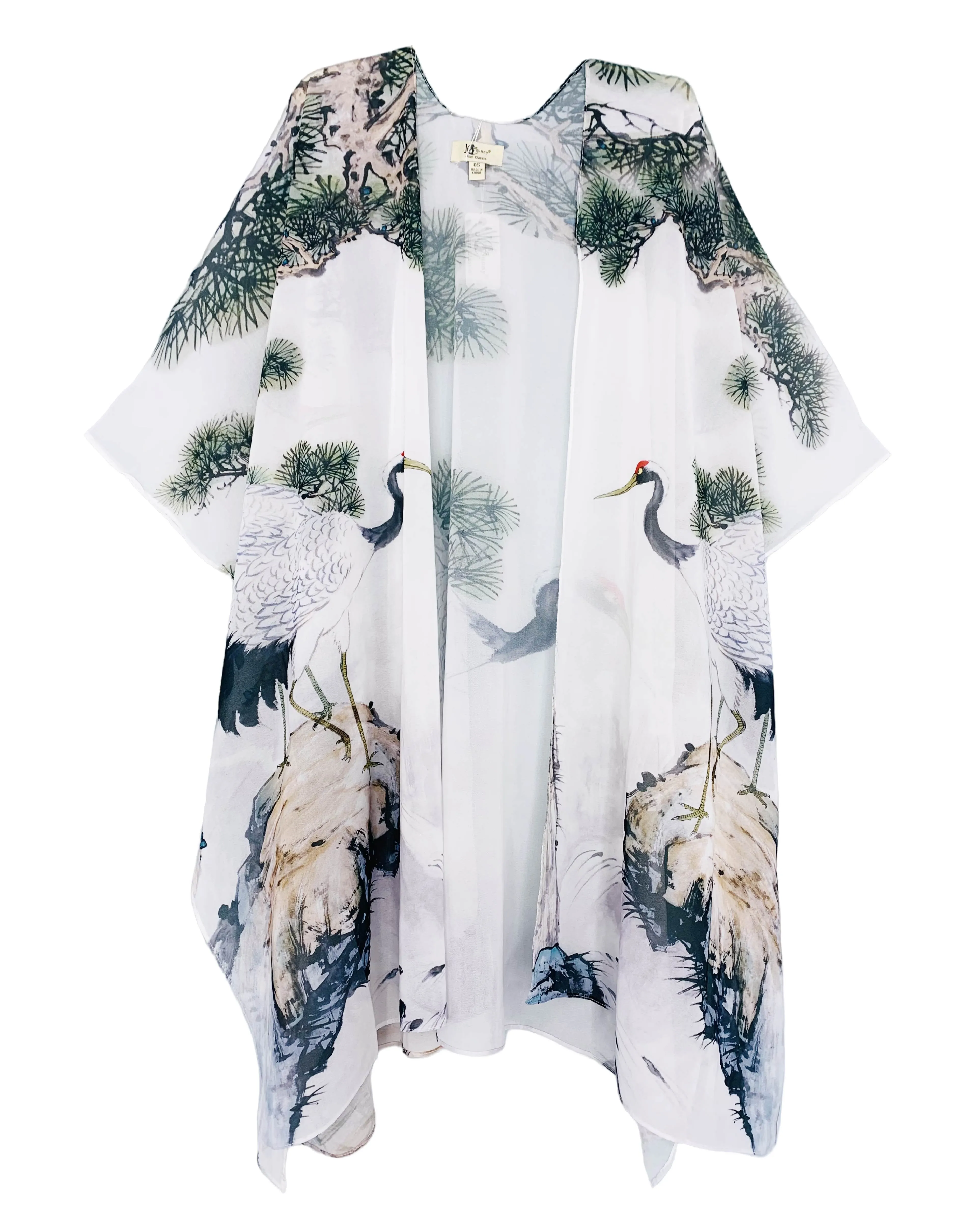 JC071008 White-Green Crane & Pine Tree Kimono