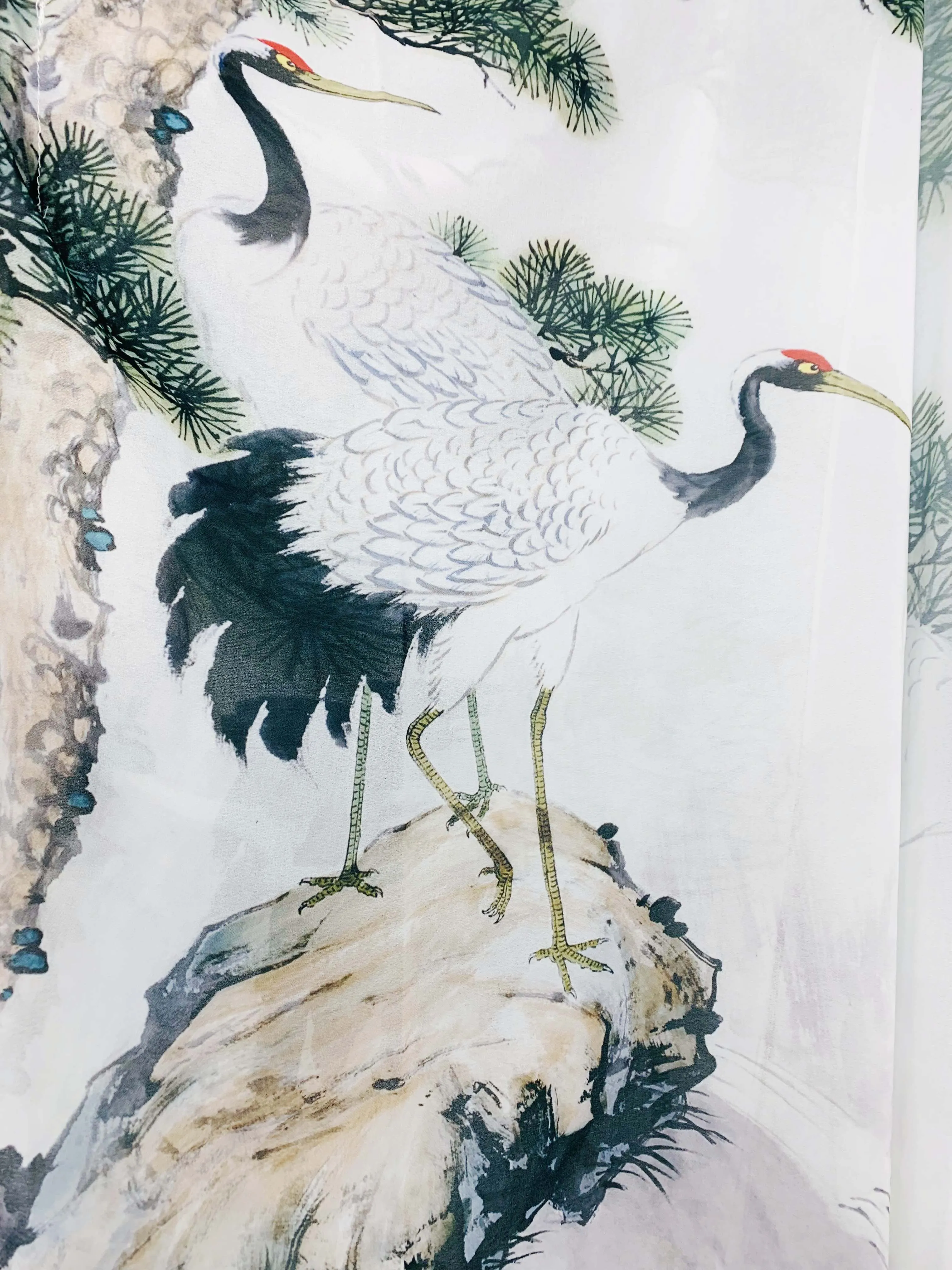 JC071008 White-Green Crane & Pine Tree Kimono